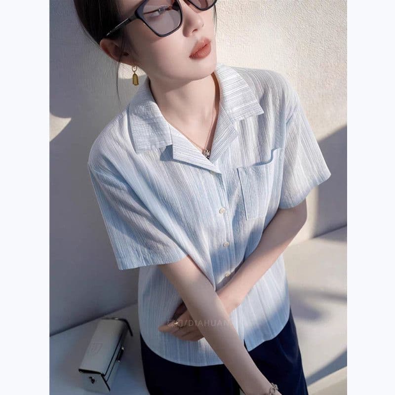 항구 바람 쿠바 칼라 파란색 스트라이프 반팔 여성 셔츠 루즈핏 슬림해 보이는 느긋한 바람 여름 레트로 디자인 센스 맨위 이미지 5