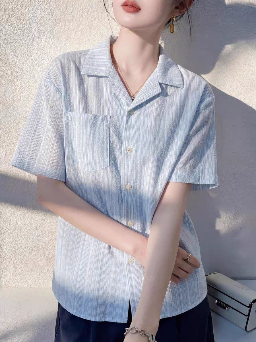 항구 바람 쿠바 칼라 파란색 스트라이프 반팔 여성 셔츠 루즈핏 슬림해 보이는 느긋한 바람 여름 레트로 디자인 센스 맨위 상세 이미지 3