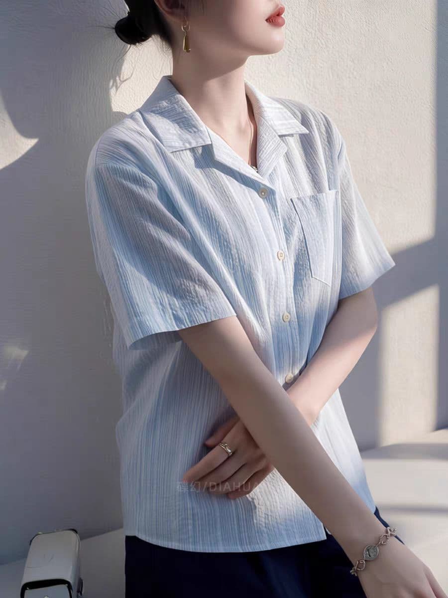 항구 바람 쿠바 칼라 파란색 스트라이프 반팔 여성 셔츠 루즈핏 슬림해 보이는 느긋한 바람 여름 레트로 디자인 센스 맨위 상세 이미지 4