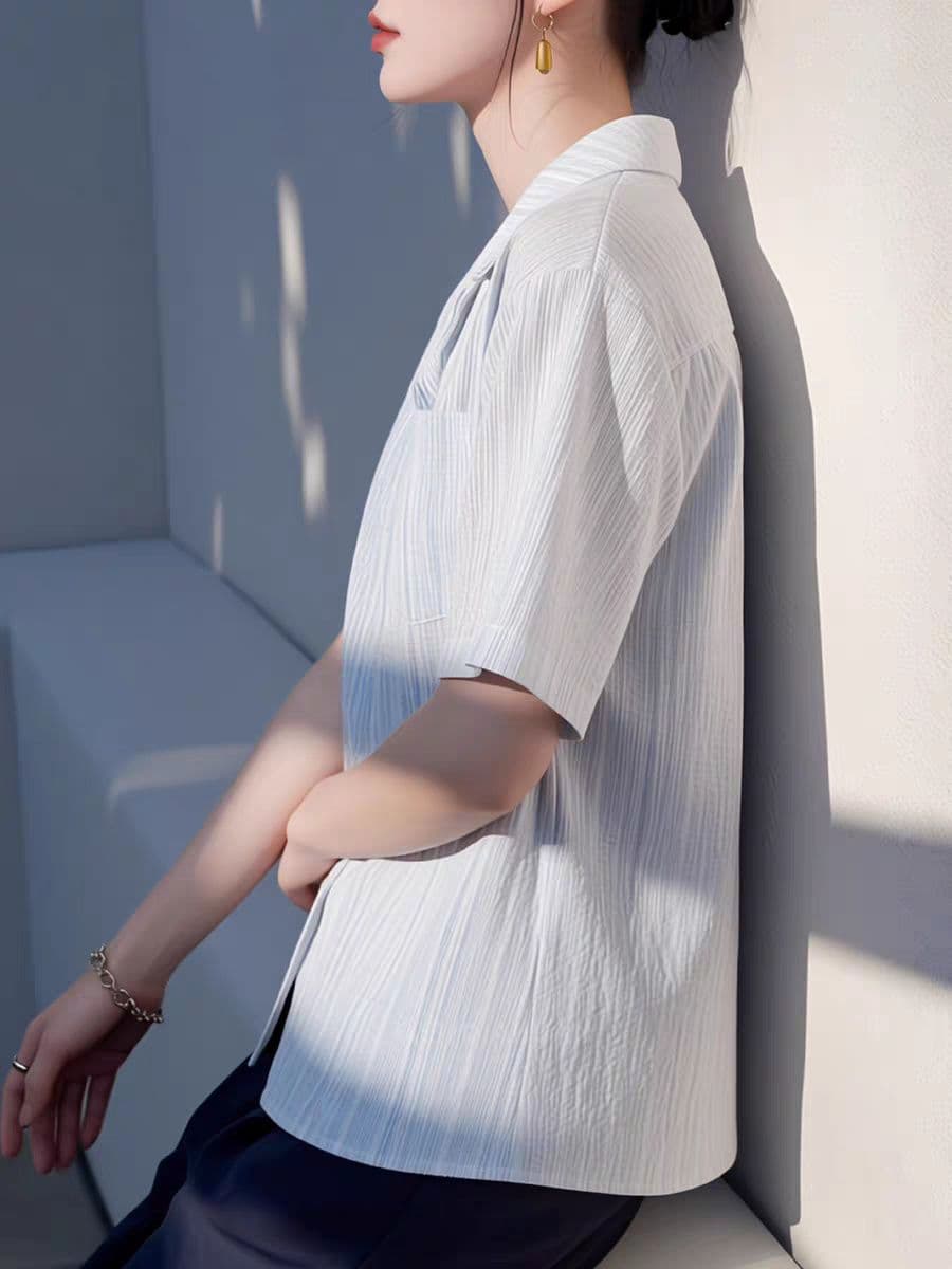 항구 바람 쿠바 칼라 파란색 스트라이프 반팔 여성 셔츠 루즈핏 슬림해 보이는 느긋한 바람 여름 레트로 디자인 센스 맨위 상세 이미지 5