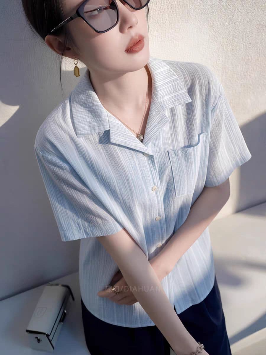 항구 바람 쿠바 칼라 파란색 스트라이프 반팔 여성 셔츠 루즈핏 슬림해 보이는 느긋한 바람 여름 레트로 디자인 센스 맨위 상세 이미지 6