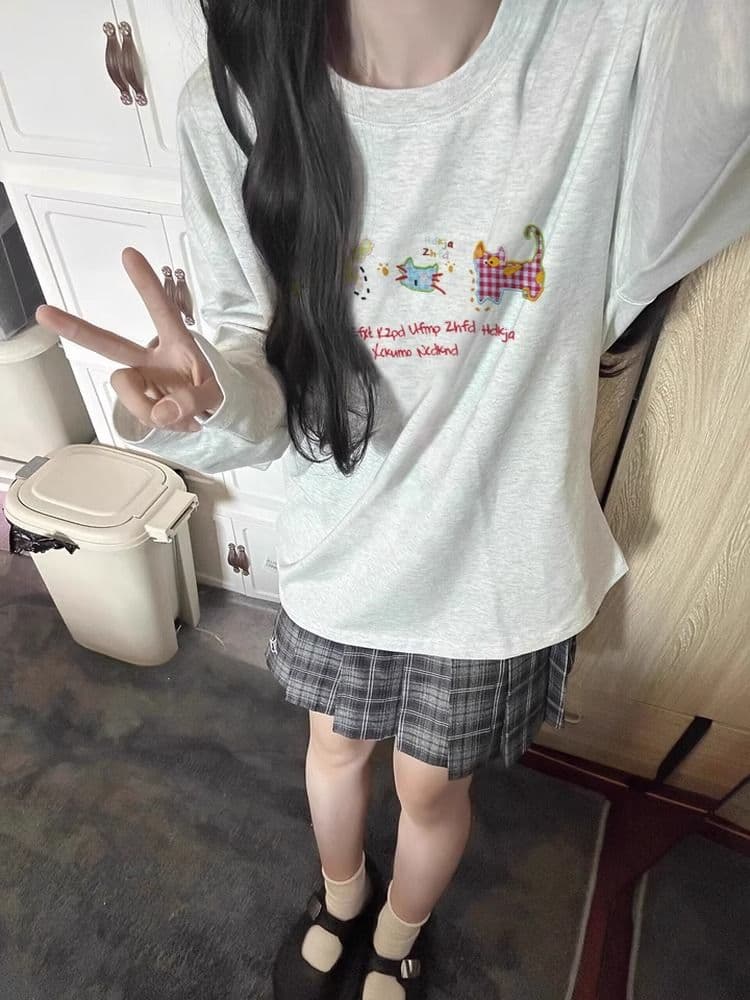 21 순면 210 그램 100 면 가을 의상 긴팔 티셔츠 여성 루즈핏 맨위 프린트