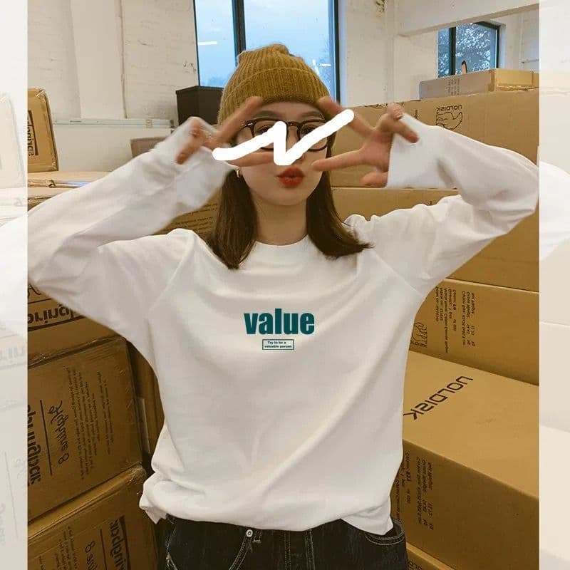 21 순면 210 그램 100 면 가을 의상 긴팔 티셔츠 여성 루즈핏 맨위 프린트