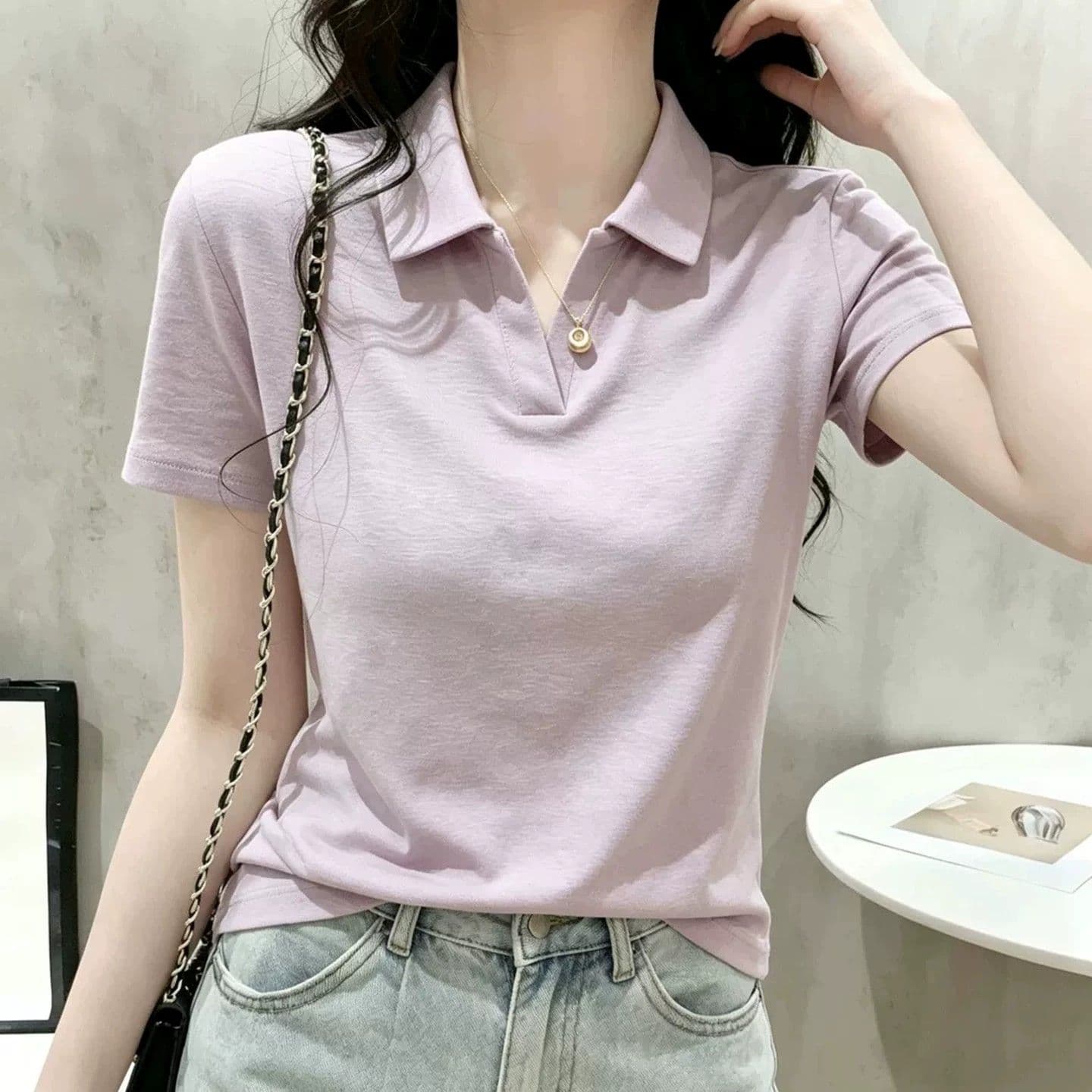 240 그램 눈꽃 양모 40 면 38 접착제 16 폴리 에스터 6 암모니아 Lun POLO 칼라 반팔 티셔츠 여성 여름 연령 감소 맨위 이미지 2