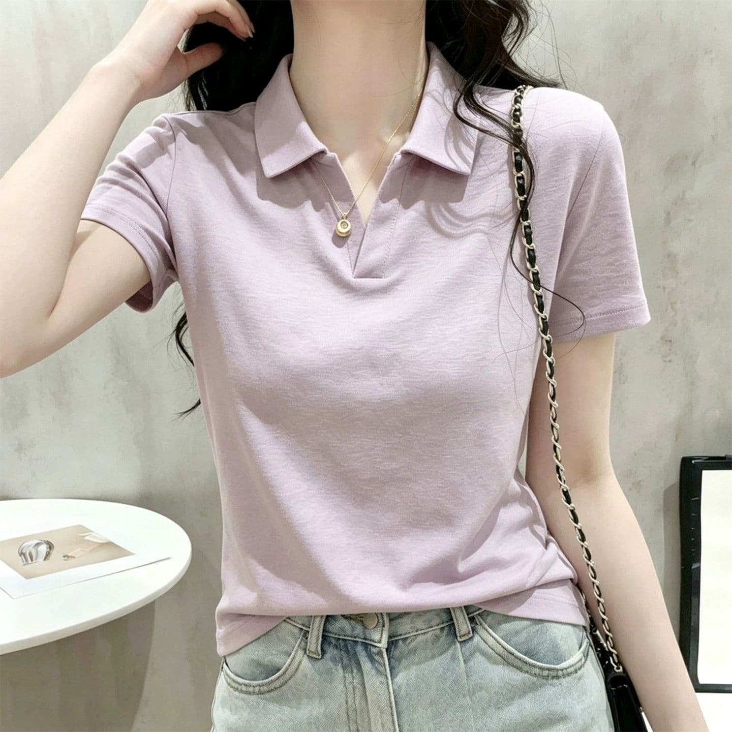 240 그램 눈꽃 양모 40 면 38 접착제 16 폴리 에스터 6 암모니아 Lun POLO 칼라 반팔 티셔츠 여성 여름 연령 감소 맨위 이미지 4