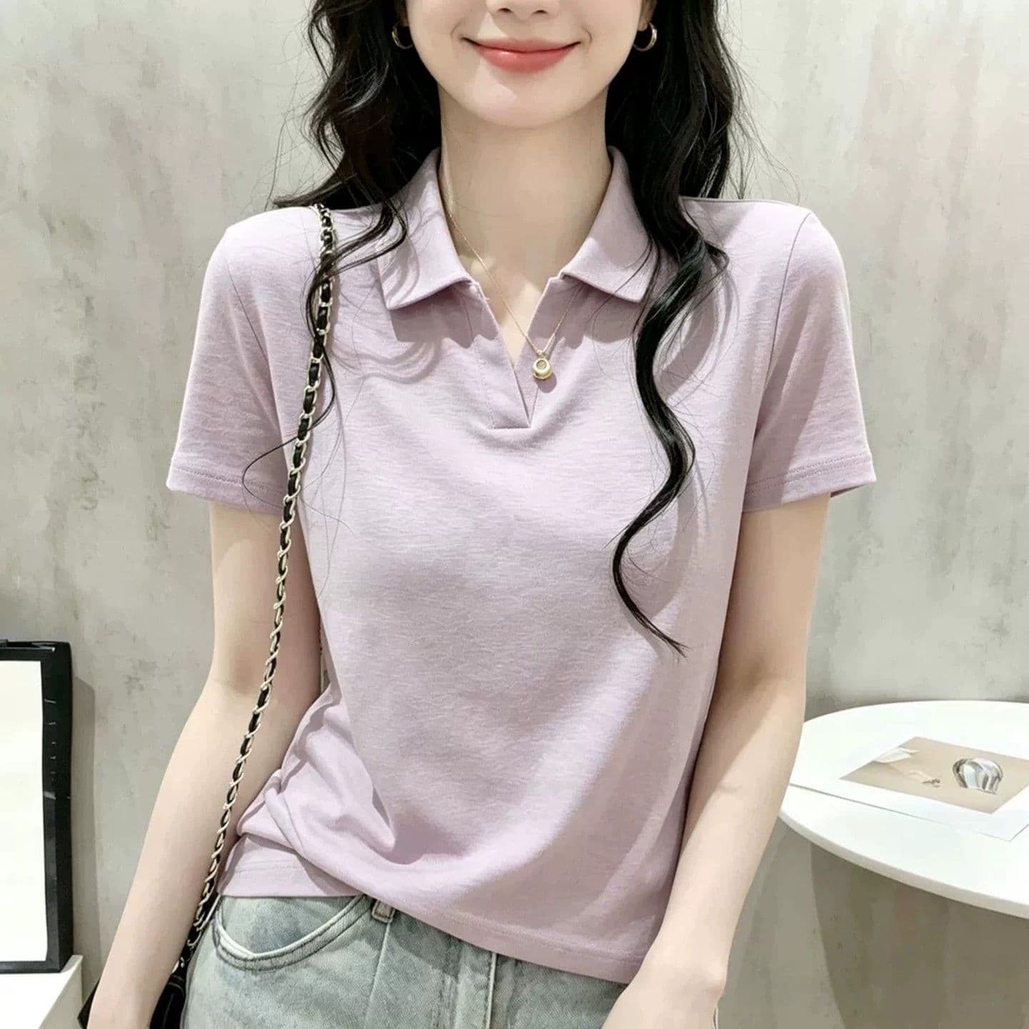 240 그램 눈꽃 양모 40 면 38 접착제 16 폴리 에스터 6 암모니아 Lun POLO 칼라 반팔 티셔츠 여성 여름 연령 감소 맨위 상세 이미지 4