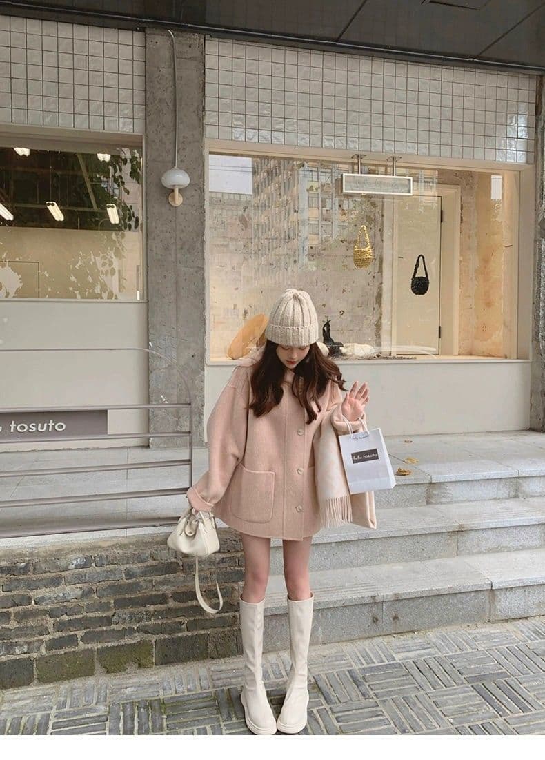 작은 샤넬 스타일 장미 핑크색 망토 모직 여성 코트 가을 겨울 2026 새로운 폭발 후드 양면 모직 코트 상세 이미지 6