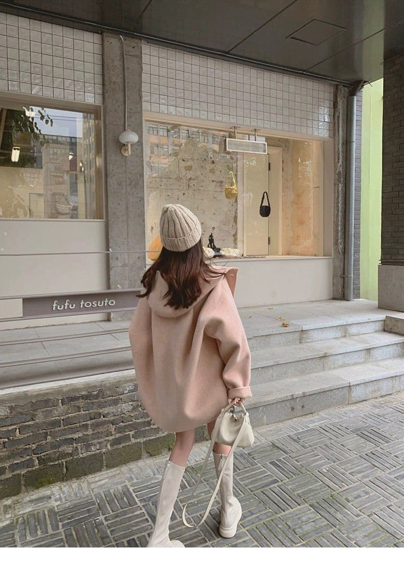 작은 샤넬 스타일 장미 핑크색 망토 모직 여성 코트 가을 겨울 2026 새로운 폭발 후드 양면 모직 코트 상세 이미지 13