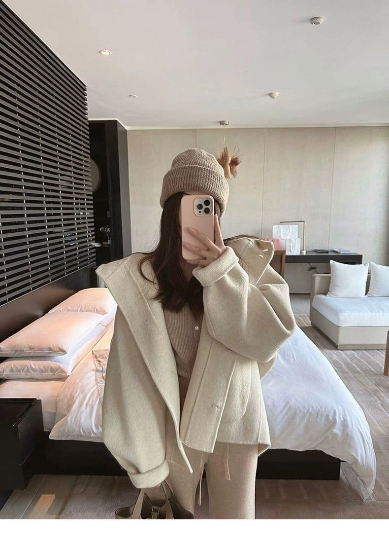 작은 샤넬 스타일 장미 핑크색 망토 모직 여성 코트 가을 겨울 2026 새로운 폭발 후드 양면 모직 코트 상세 이미지 19