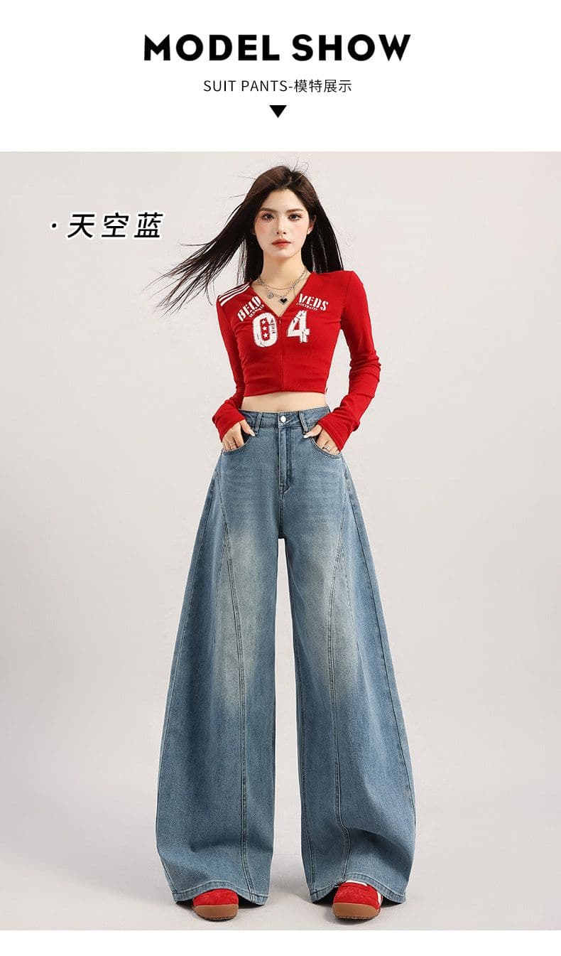 2026 년 봄 가을 아메리칸 레트로 스타일 넓은 다리 청바지 여성 하이웨이스트 슬림해 보이는 루즈핏 넓은 다리 모통이 칼 청바지 상세 이미지 16