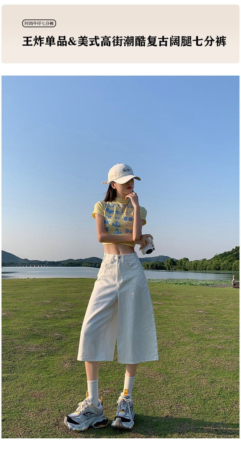 여름 얇은 스타일 넓은 다리 7 점 청바지 여성 배 모양 몸 중간 길이 반바지 작은 키 하프 바지 화이트 바지 상세 이미지 2