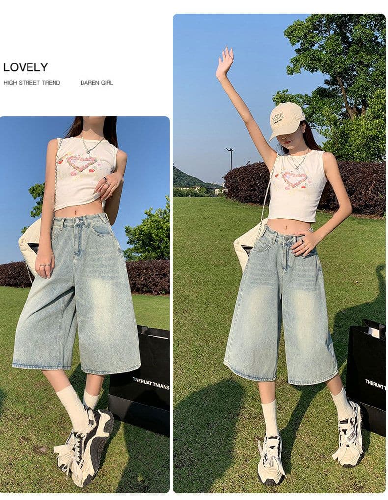 여름 얇은 스타일 넓은 다리 7 점 청바지 여성 배 모양 몸 중간 길이 반바지 작은 키 하프 바지 화이트 바지 상세 이미지 20