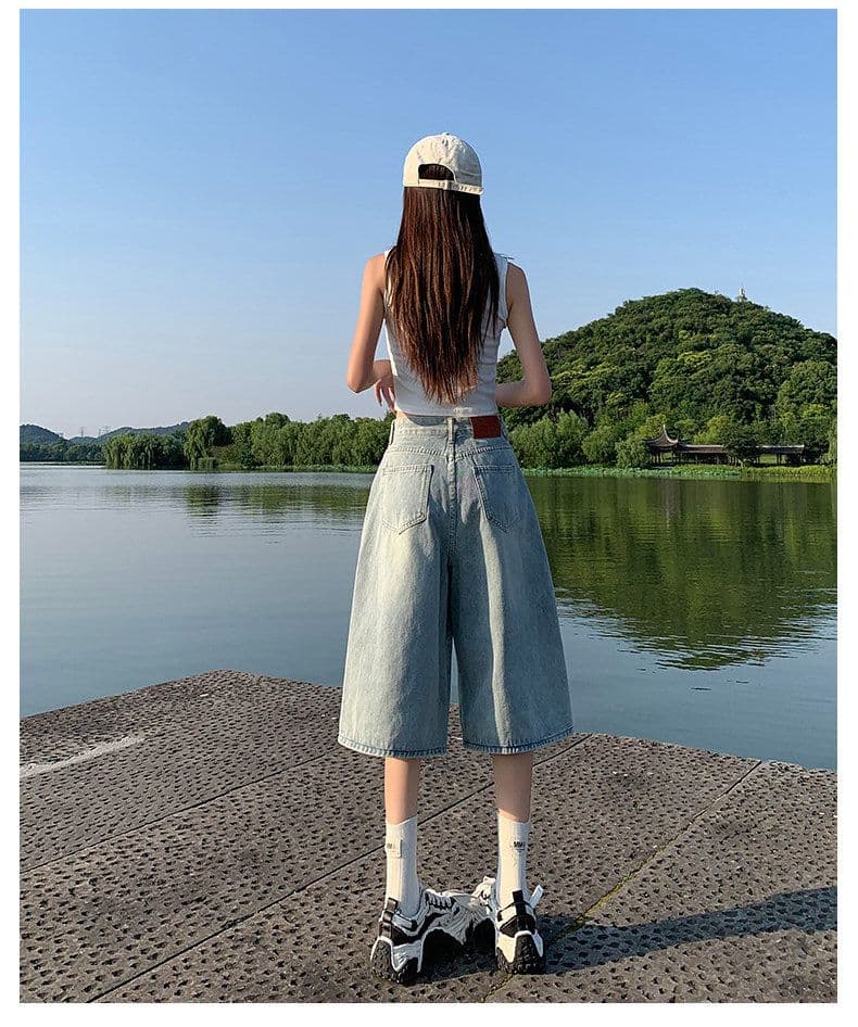 여름 얇은 스타일 넓은 다리 7 점 청바지 여성 배 모양 몸 중간 길이 반바지 작은 키 하프 바지 화이트 바지 상세 이미지 27