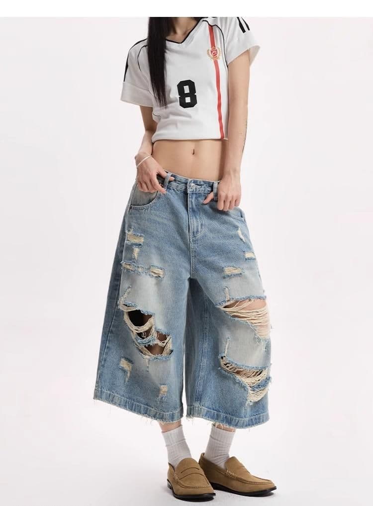 빅 사이즈 아메리칸 레트로 찢어진 부분 데님 반바지 여성 고급 센스 넓은 다리 루즈핏 슬림해 보이는 핫걸 거리 7 점 바지 상세 이미지 2