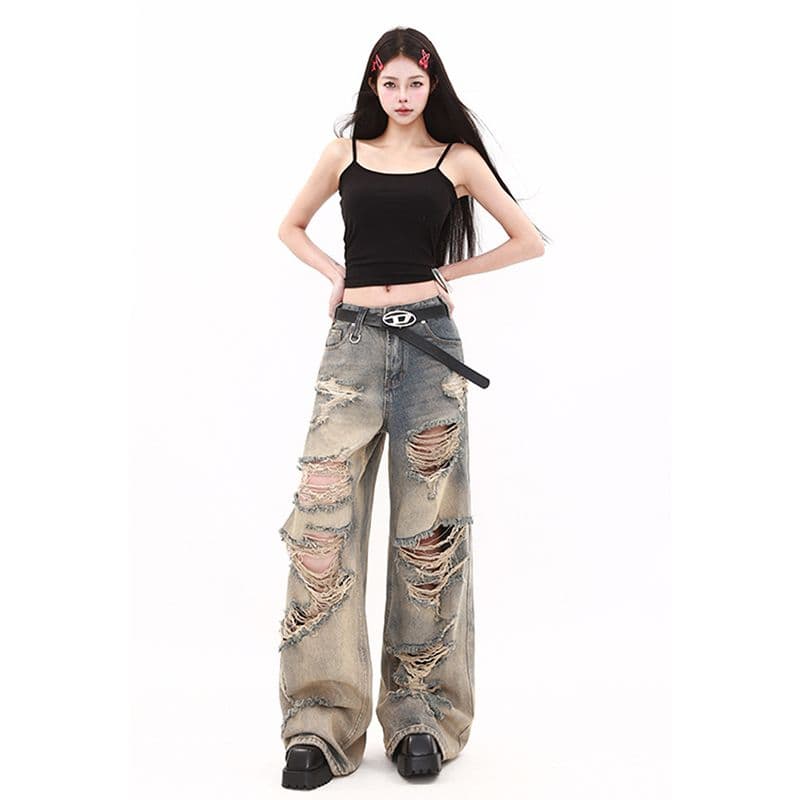 아메리칸 레트로 불모지 바람 찢어진 부분 청바지 여성 여름 새로운 디자인 센스 하이웨이스트 루즈핏 넓은 다리 잉글랜드 바지 이미지 3