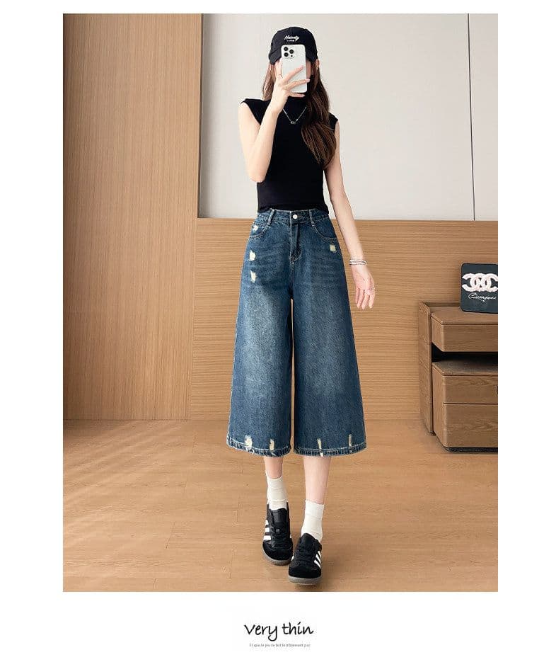 레트로 찢어진 부분 7 점 청바지 여성 2026 년 여름 얇은 스타일 루즈핏 슬림해 보이는 작은 키 캐주얼 스트레이트 바지 상세 이미지 7