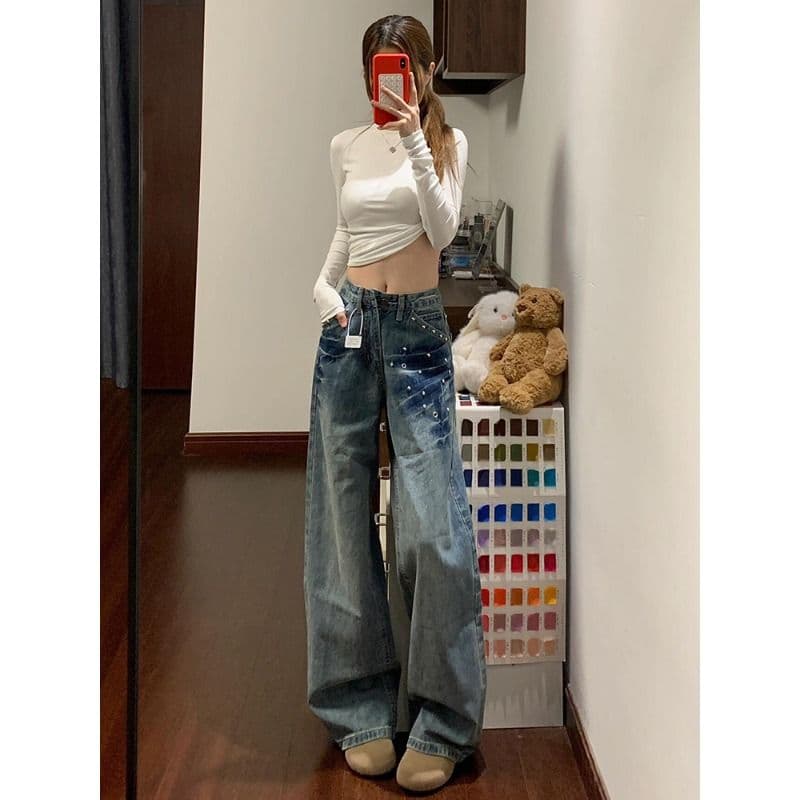 레트로 블루 징 디자인 넓은 다리 청바지 여성 2026 여름 새로운 아메리칸 하이웨이스트 루즈핏 슬림해 보이는 스트레이트 팬츠