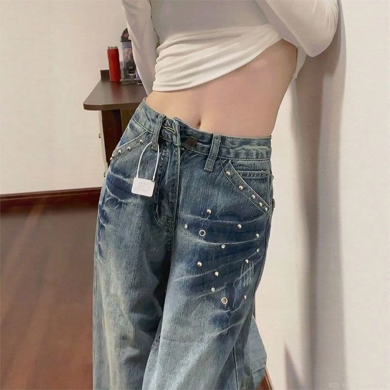 레트로 블루 징 디자인 넓은 다리 청바지 여성 2026 여름 새로운 아메리칸 하이웨이스트 루즈핏 슬림해 보이는 스트레이트 팬츠 이미지 2