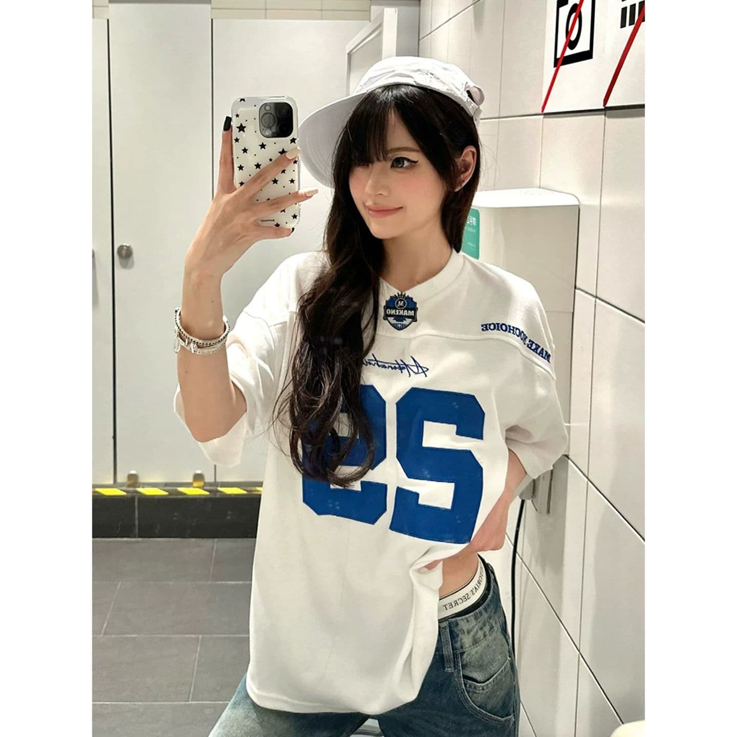 원본 것 아메리칸 자수 V넥 저지 반팔 티셔츠 루즈핏 티셔츠 맨위 이미지 3