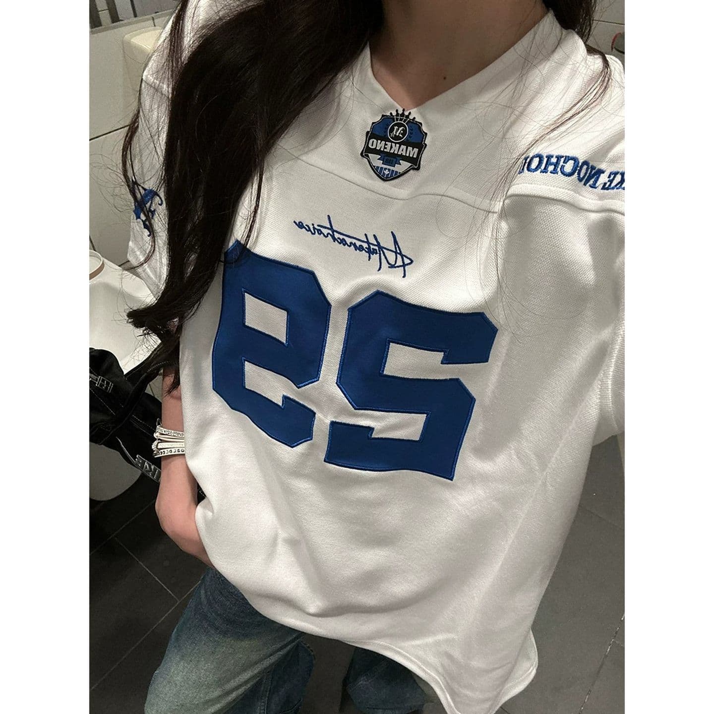원본 것 아메리칸 자수 V넥 저지 반팔 티셔츠 루즈핏 티셔츠 맨위 이미지 5