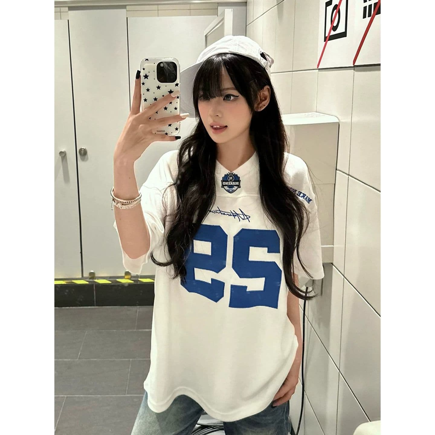 원본 것 아메리칸 자수 V넥 저지 반팔 티셔츠 루즈핏 티셔츠 맨위 이미지 4
