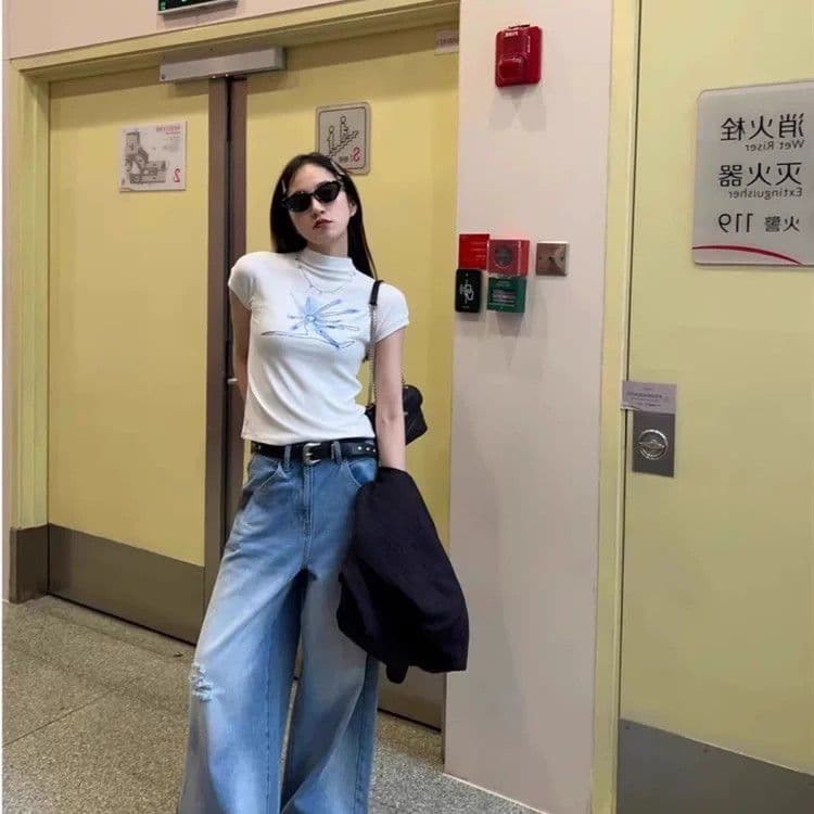 원본 품질 핫걸 아메리칸 프린트 반하이넥 얼음 실크 반팔 여성 티셔츠 상세 이미지 5