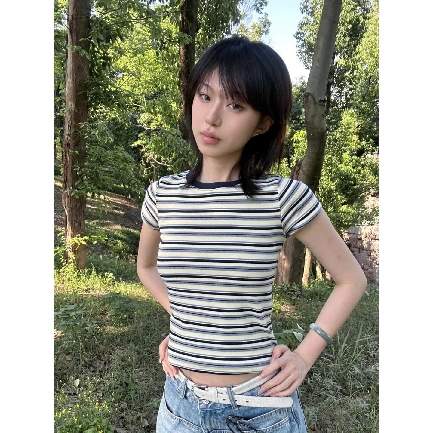 원본 품질 배색 스트라이프 라운드 넥 긍정적 인 어깨 반팔 티셔츠 얇은 만나는 맨위 이미지 4