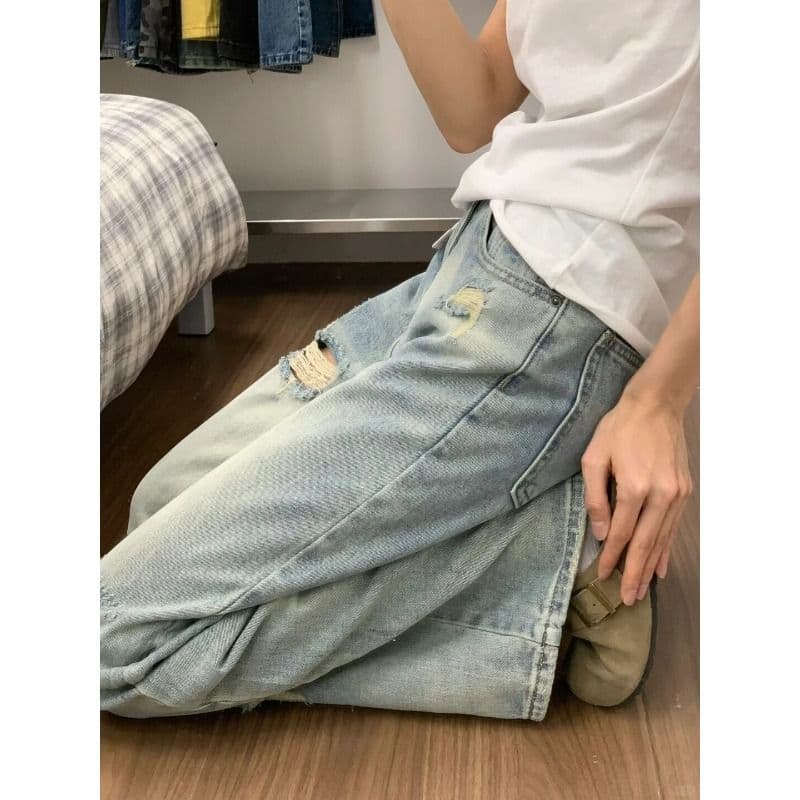 작은 키 밝은색 워싱 마 오래된 찢어진 부분 넓은 다리 청바지 여성 하이웨이스트 출퇴근 캐주얼 다용도 바닥 청소 바지 이미지 3