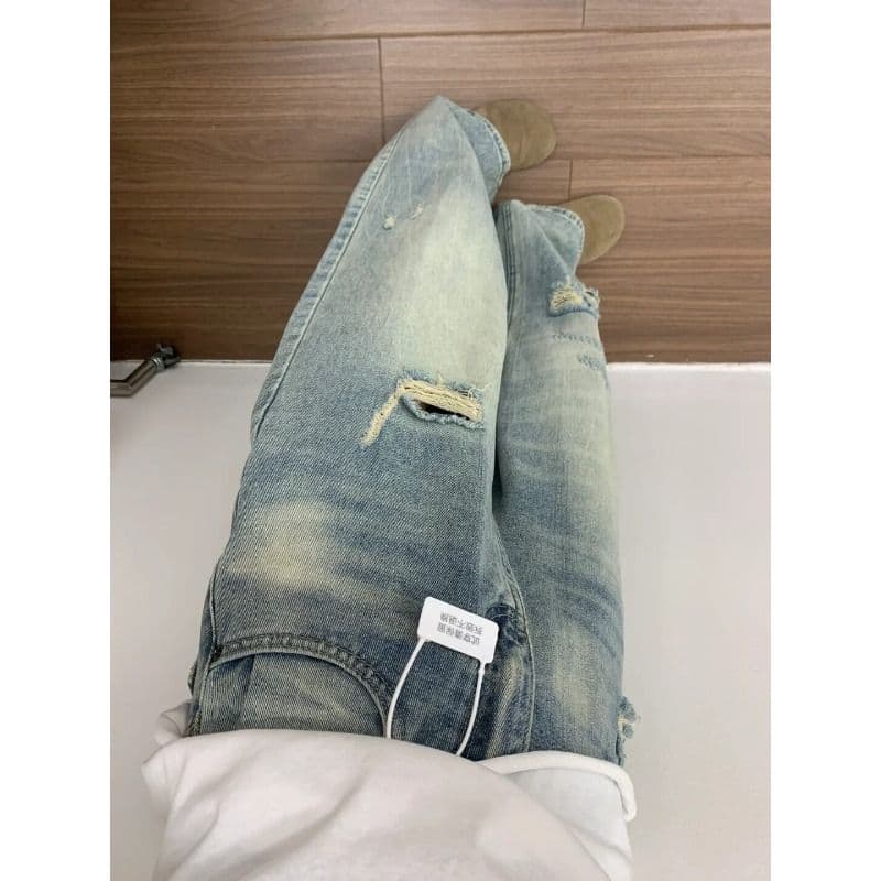 작은 키 밝은색 워싱 마 오래된 찢어진 부분 넓은 다리 청바지 여성 하이웨이스트 출퇴근 캐주얼 다용도 바닥 청소 바지 이미지 4
