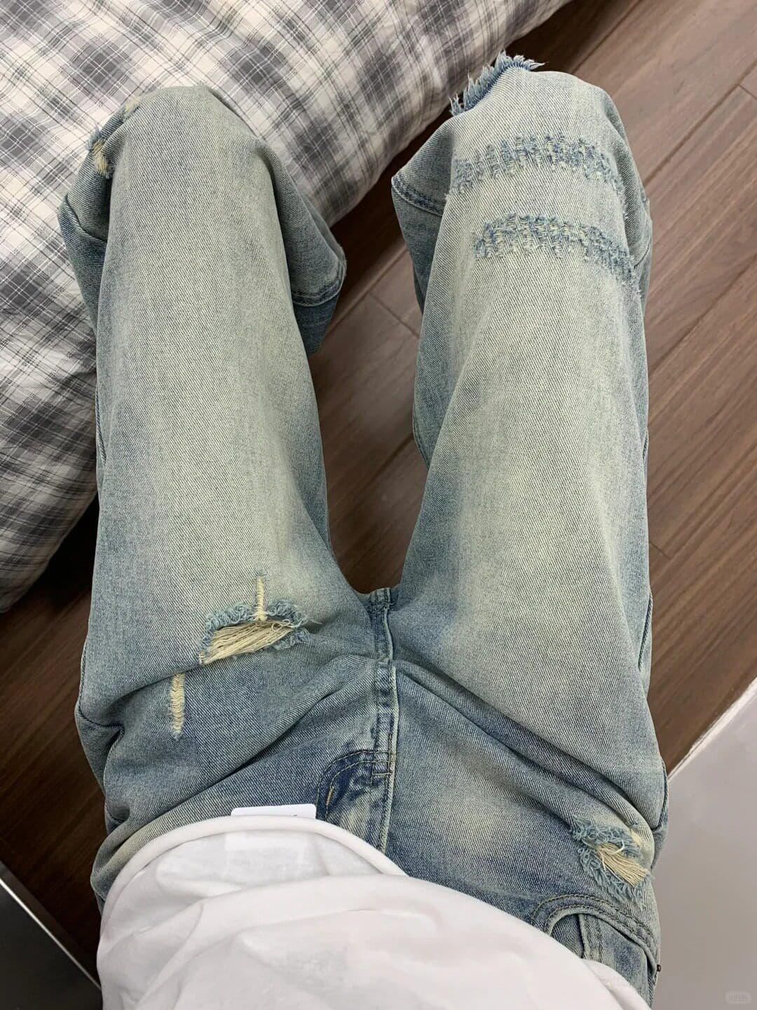 작은 키 밝은색 워싱 마 오래된 찢어진 부분 넓은 다리 청바지 여성 하이웨이스트 출퇴근 캐주얼 다용도 바닥 청소 바지 상세 이미지 3
