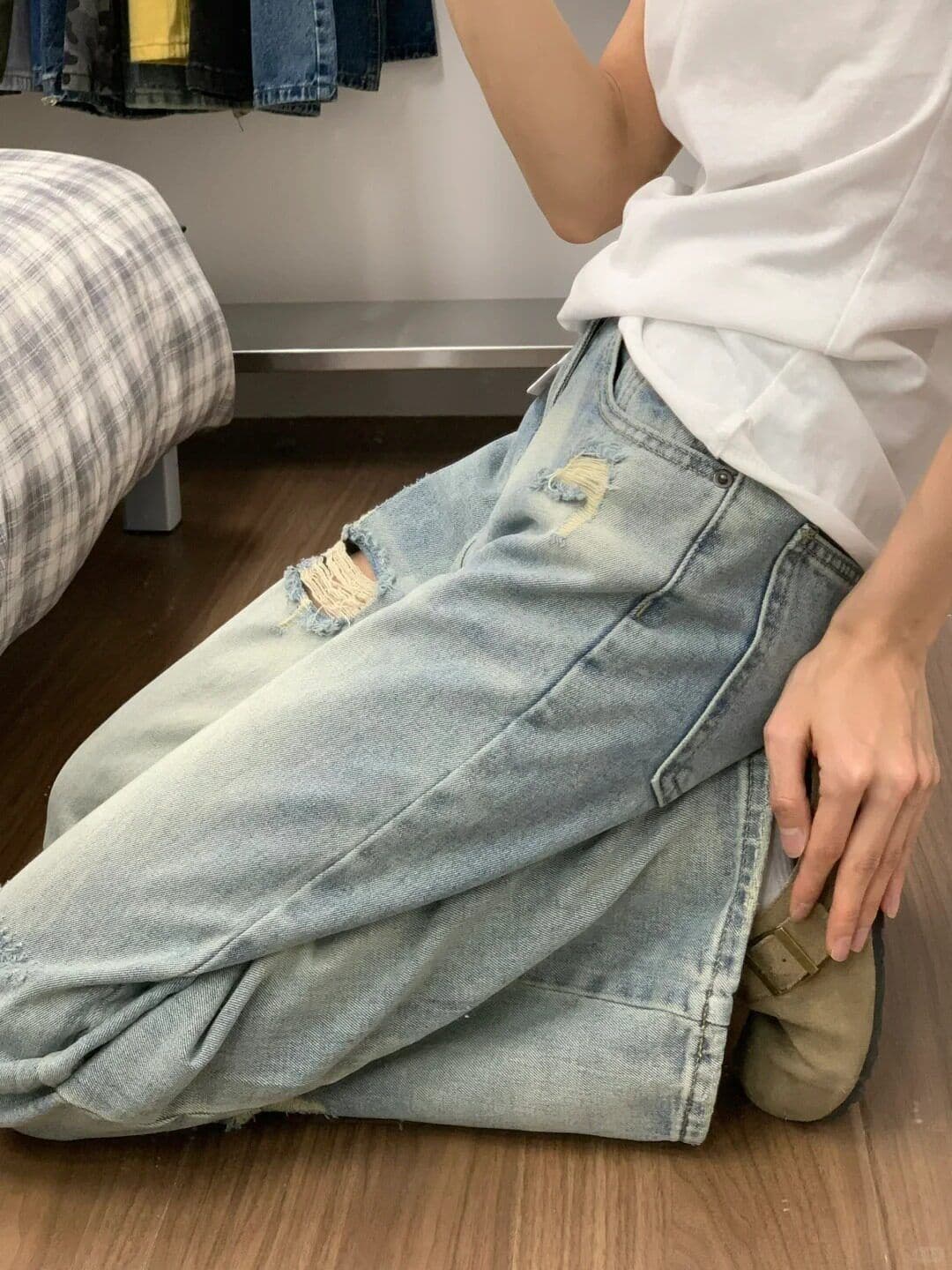 작은 키 밝은색 워싱 마 오래된 찢어진 부분 넓은 다리 청바지 여성 하이웨이스트 출퇴근 캐주얼 다용도 바닥 청소 바지 상세 이미지 6