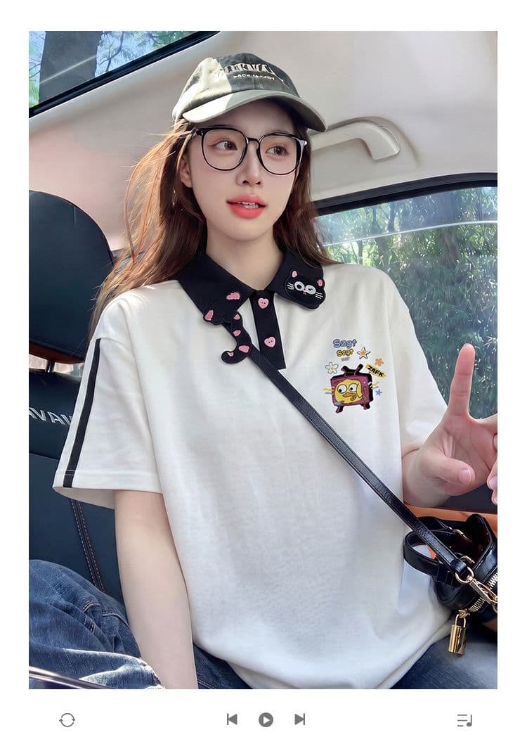구슬 그라운드 면 반팔 티셔츠 여성 의류 여름 새로운 3 차원 장식 루즈핏 자수 POLO 칼라 맨위 상세 이미지 1