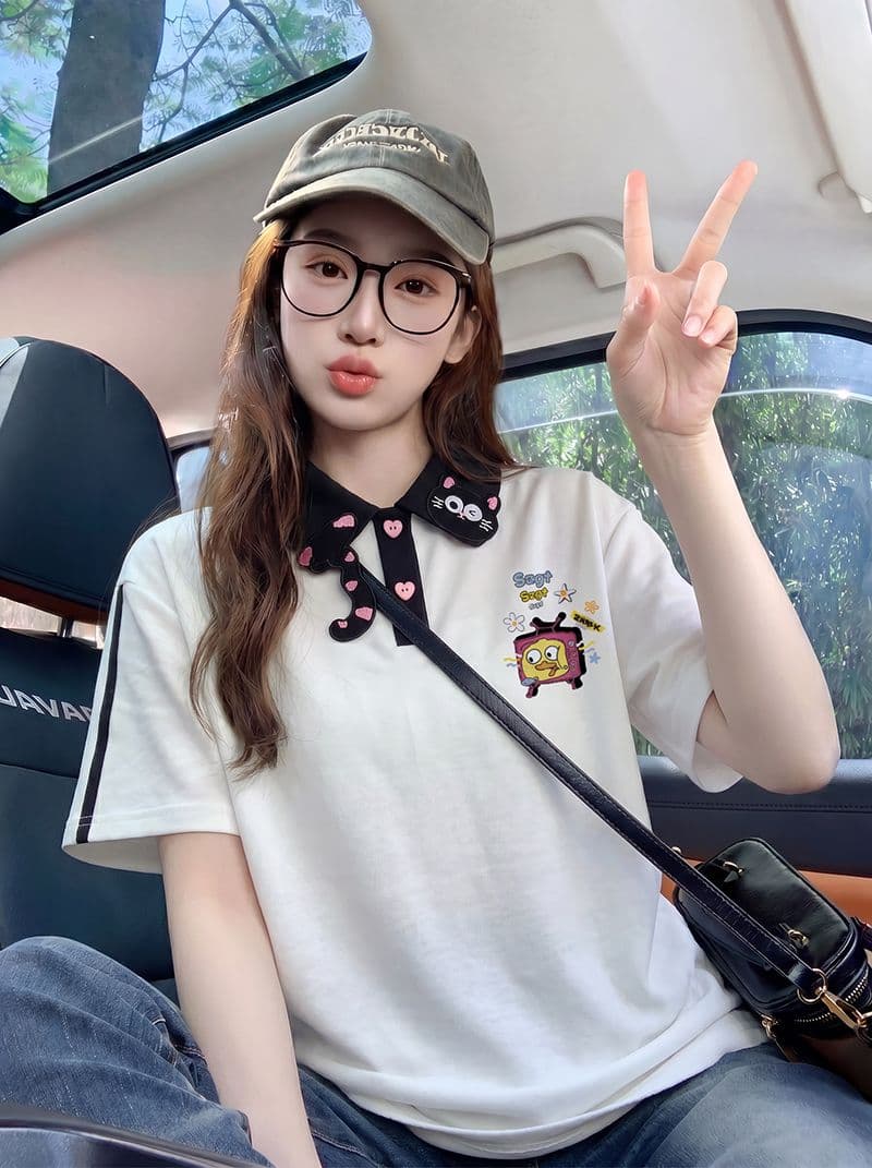 구슬 그라운드 면 반팔 티셔츠 여성 의류 여름 새로운 3 차원 장식 루즈핏 자수 POLO 칼라 맨위 상세 이미지 5