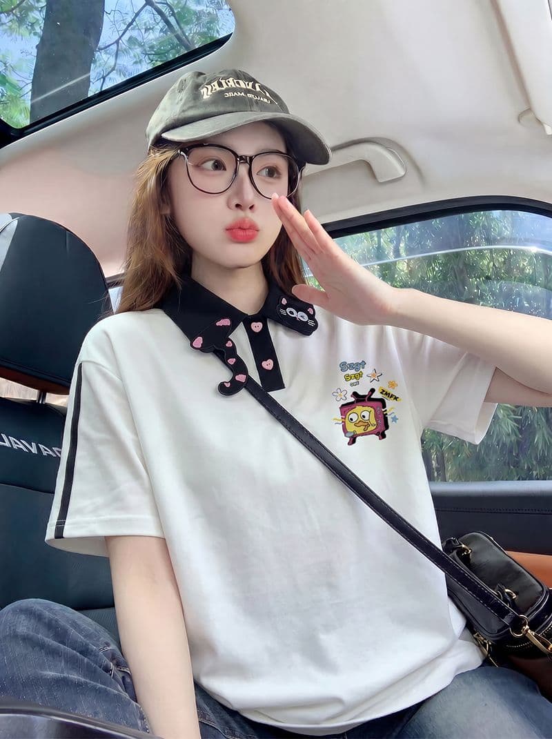 구슬 그라운드 면 반팔 티셔츠 여성 의류 여름 새로운 3 차원 장식 루즈핏 자수 POLO 칼라 맨위 상세 이미지 6
