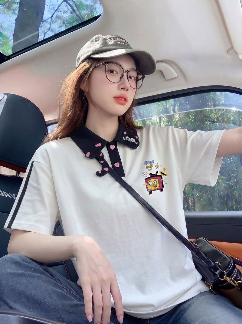 구슬 그라운드 면 반팔 티셔츠 여성 의류 여름 새로운 3 차원 장식 루즈핏 자수 POLO 칼라 맨위 상세 이미지 9