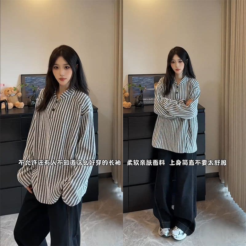 300 그램 원본 긴팔 티셔츠 기본 셔츠 여성 얇은 스타일 트렌디 가을 새로운 생선뼈 곡물 루즈핏 스탠드 칼라 맨위 상세 이미지 4