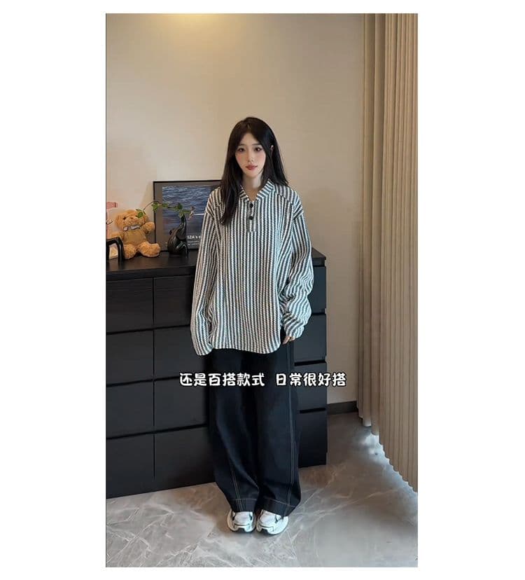 300 그램 원본 긴팔 티셔츠 기본 셔츠 여성 얇은 스타일 트렌디 가을 새로운 생선뼈 곡물 루즈핏 스탠드 칼라 맨위 상세 이미지 11
