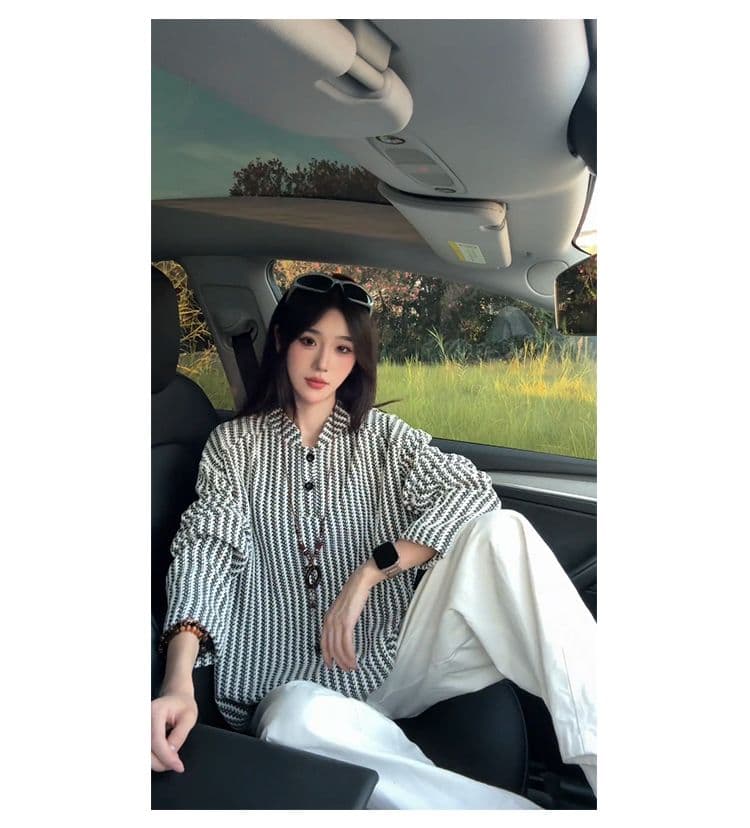 300 그램 원본 긴팔 티셔츠 기본 셔츠 여성 얇은 스타일 트렌디 가을 새로운 생선뼈 곡물 루즈핏 스탠드 칼라 맨위 상세 이미지 13
