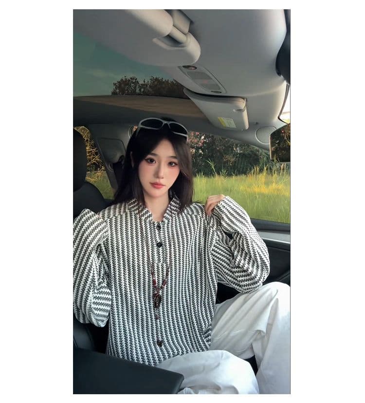 300 그램 원본 긴팔 티셔츠 기본 셔츠 여성 얇은 스타일 트렌디 가을 새로운 생선뼈 곡물 루즈핏 스탠드 칼라 맨위 상세 이미지 15