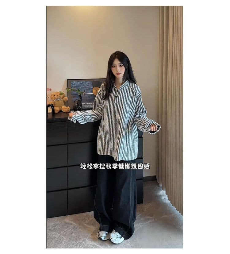 300 그램 원본 긴팔 티셔츠 기본 셔츠 여성 얇은 스타일 트렌디 가을 새로운 생선뼈 곡물 루즈핏 스탠드 칼라 맨위 상세 이미지 16