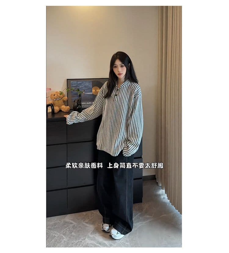 300 그램 원본 긴팔 티셔츠 기본 셔츠 여성 얇은 스타일 트렌디 가을 새로운 생선뼈 곡물 루즈핏 스탠드 칼라 맨위 상세 이미지 17