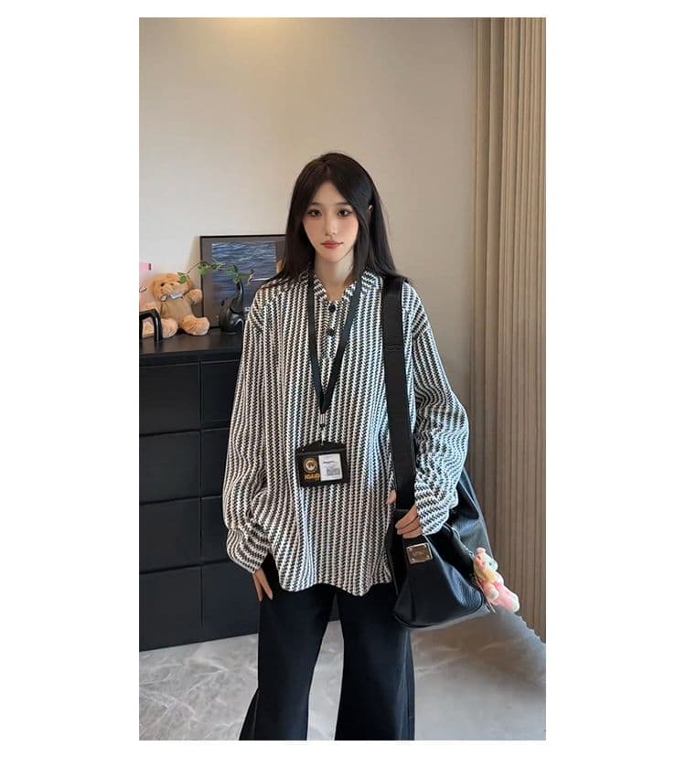 300 그램 원본 긴팔 티셔츠 기본 셔츠 여성 얇은 스타일 트렌디 가을 새로운 생선뼈 곡물 루즈핏 스탠드 칼라 맨위 상세 이미지 18