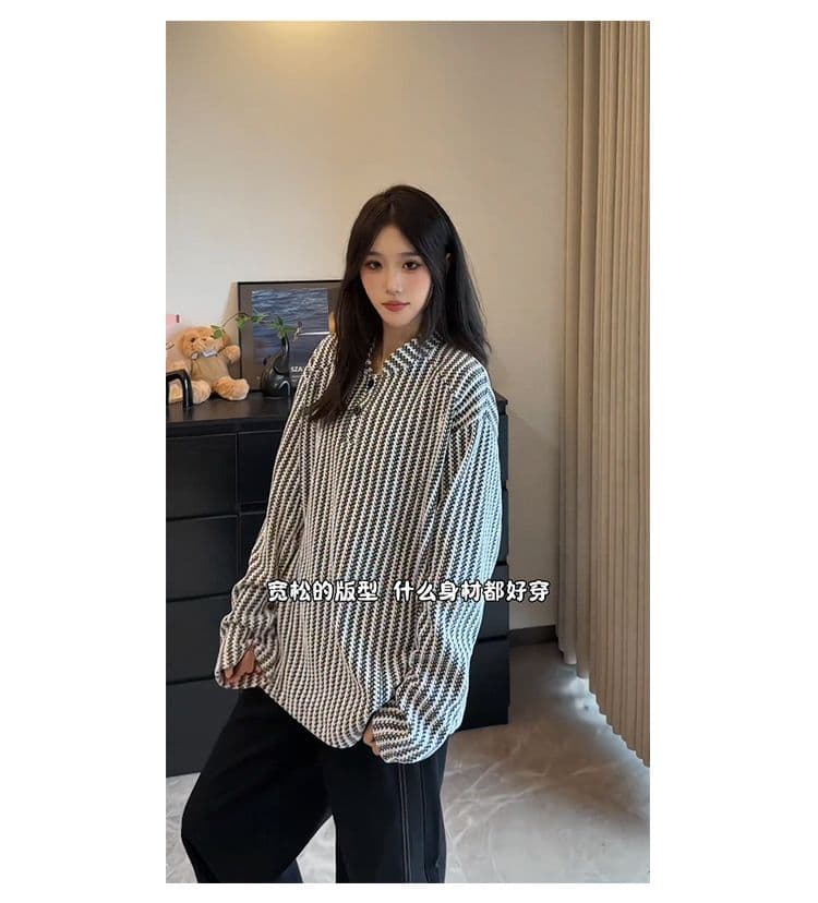 300 그램 원본 긴팔 티셔츠 기본 셔츠 여성 얇은 스타일 트렌디 가을 새로운 생선뼈 곡물 루즈핏 스탠드 칼라 맨위 상세 이미지 20