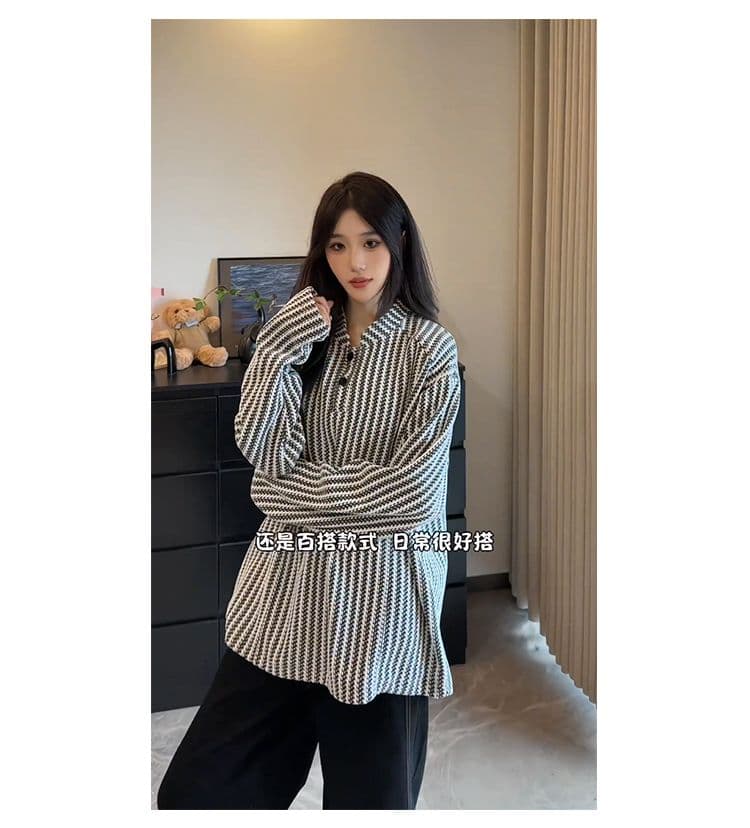 300 그램 원본 긴팔 티셔츠 기본 셔츠 여성 얇은 스타일 트렌디 가을 새로운 생선뼈 곡물 루즈핏 스탠드 칼라 맨위 상세 이미지 22