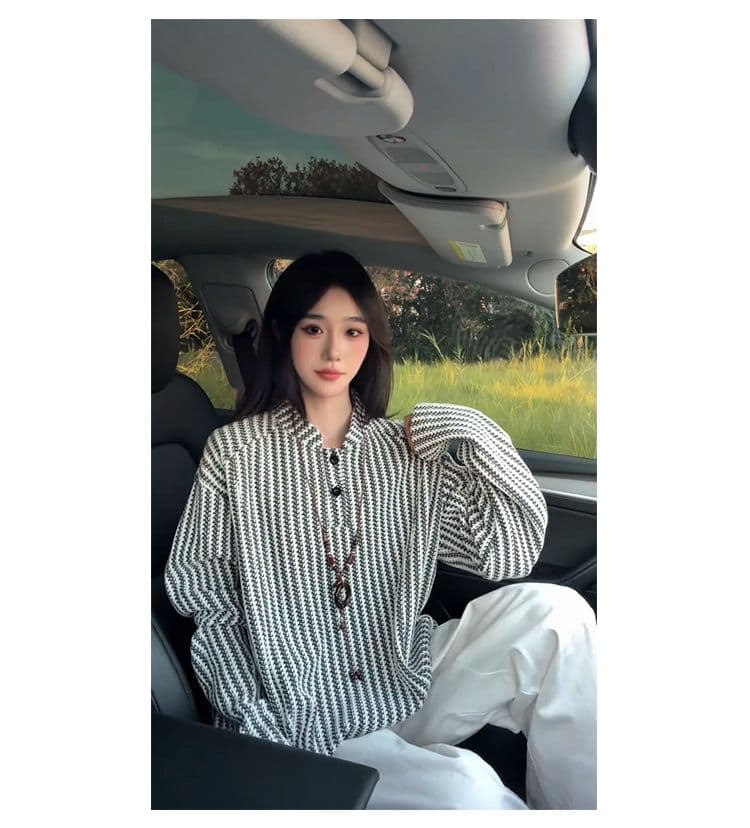 300 그램 원본 긴팔 티셔츠 기본 셔츠 여성 얇은 스타일 트렌디 가을 새로운 생선뼈 곡물 루즈핏 스탠드 칼라 맨위 상세 이미지 25
