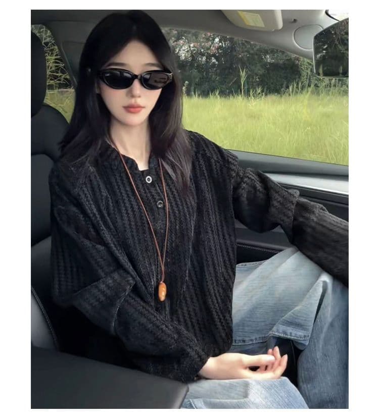 300 그램 원본 긴팔 티셔츠 기본 셔츠 여성 얇은 스타일 트렌디 가을 새로운 생선뼈 곡물 루즈핏 스탠드 칼라 맨위 상세 이미지 29