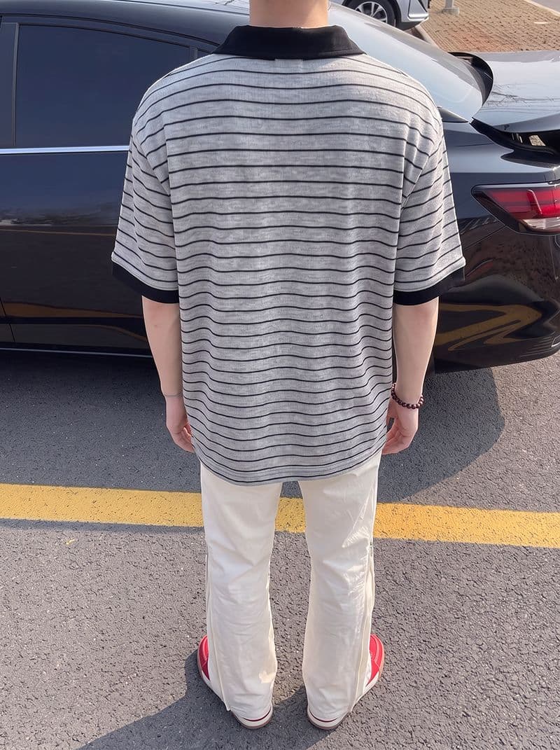 반팔 티셔츠 남녀 커플룩 여름 새로운 루즈핏 작은 샤넬 스타일 아메리칸 스트라이프 POLO 칼라 맨위 이미지 4