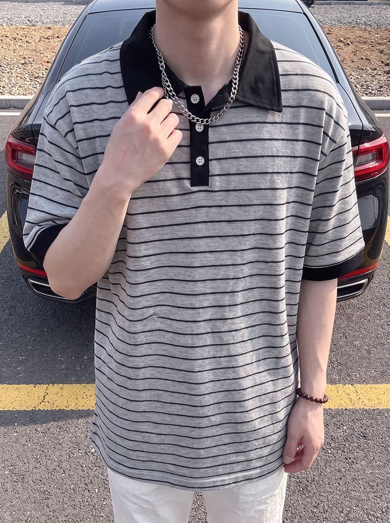 반팔 티셔츠 남녀 커플룩 여름 새로운 루즈핏 작은 샤넬 스타일 아메리칸 스트라이프 POLO 칼라 맨위