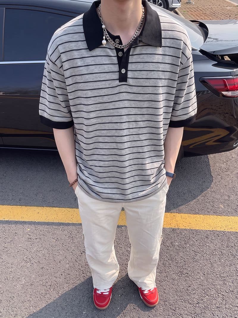 반팔 티셔츠 남녀 커플룩 여름 새로운 루즈핏 작은 샤넬 스타일 아메리칸 스트라이프 POLO 칼라 맨위 상세 이미지 4