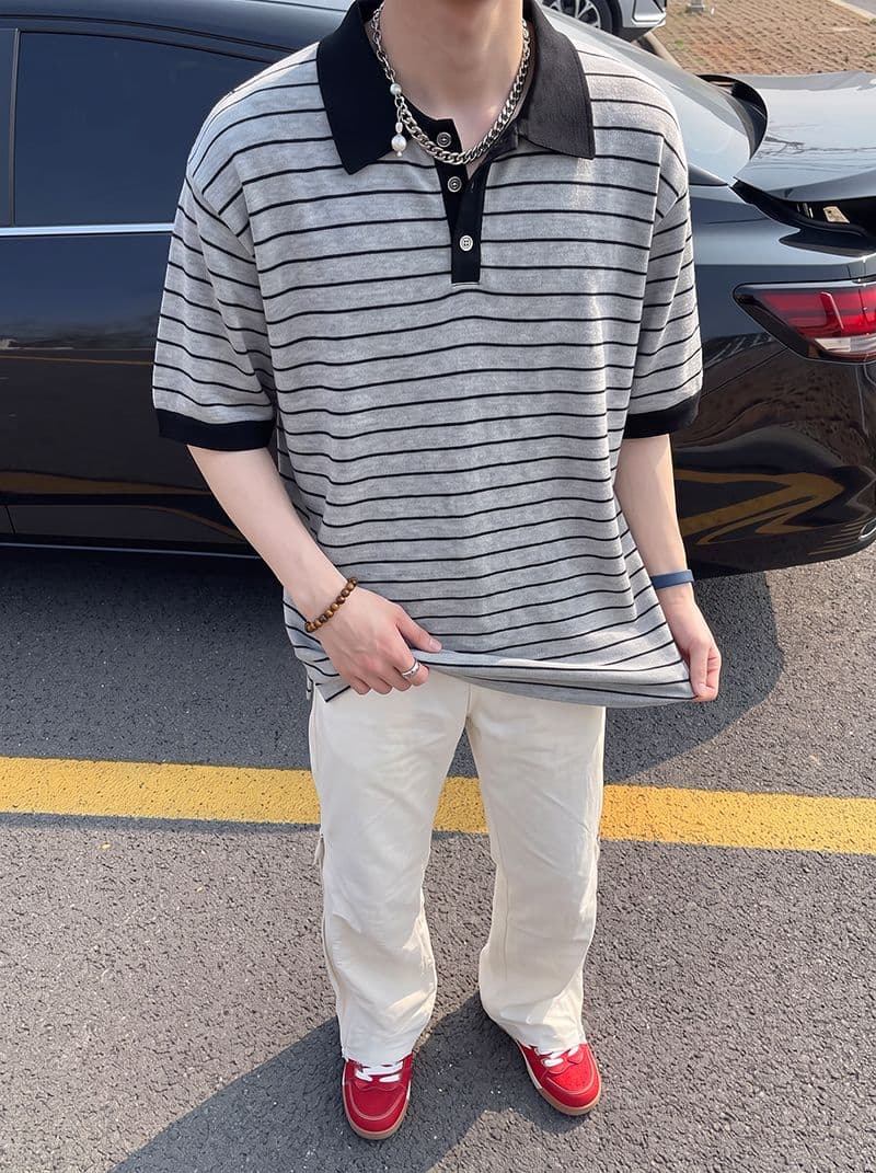 반팔 티셔츠 남녀 커플룩 여름 새로운 루즈핏 작은 샤넬 스타일 아메리칸 스트라이프 POLO 칼라 맨위 상세 이미지 8